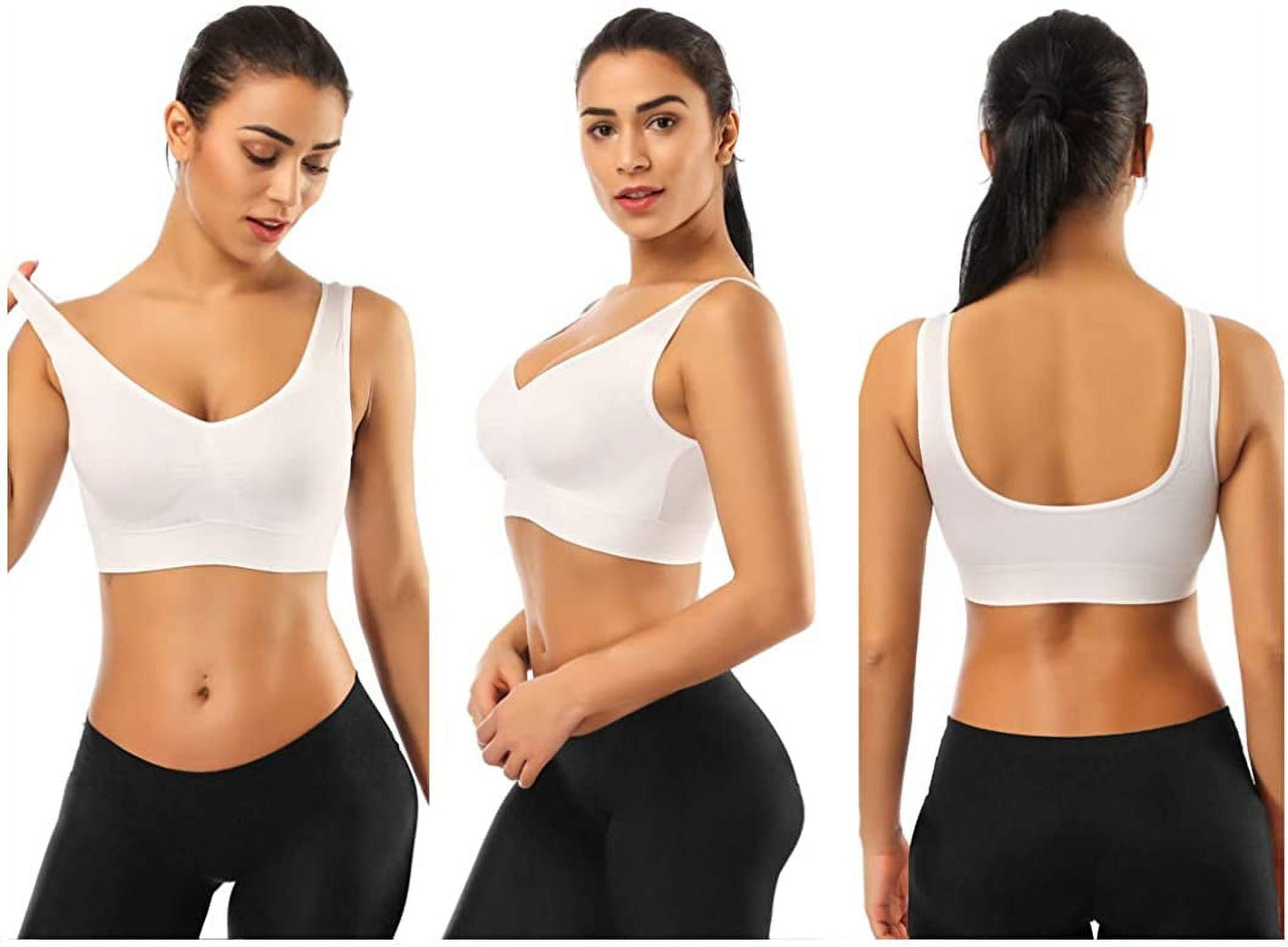 3 Pack Sports Bras for Women,Seamless Comfortable Bras Set with Removable Pads for Sleep,Pull on Closure plus Size,Black+White+Nude,Xxl